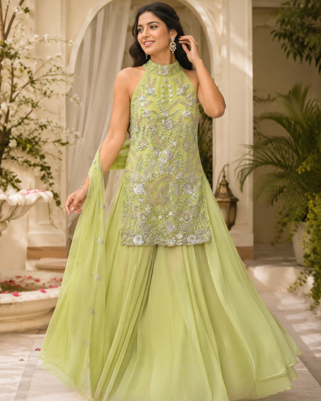 The Lime Glow Halter Sharara Set