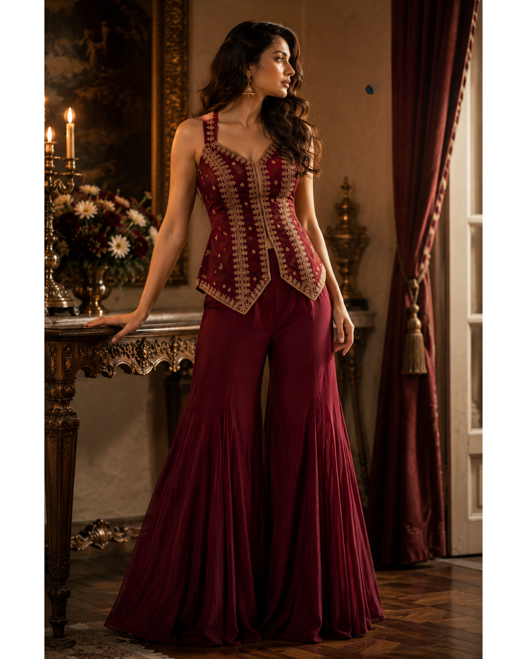 The Royal Burgundy Peplum & Sharara Set