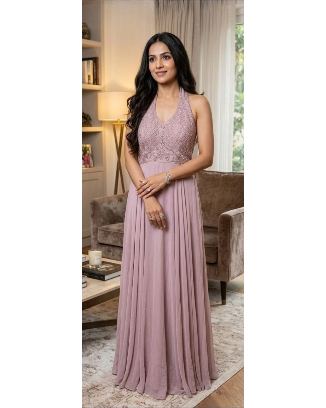 The Mauve Cascade Halter Gown