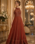 The Terracotta Shimmer Halter Gown