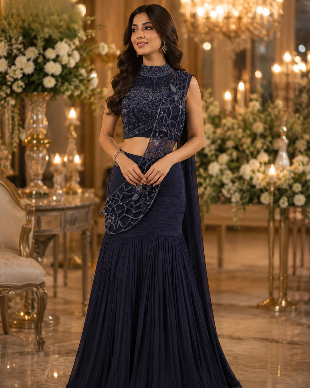 The Midnight Sapphire Draped Lehenga Set
