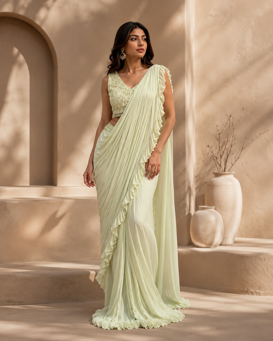 Mint Green Ruffled Pallu Saree