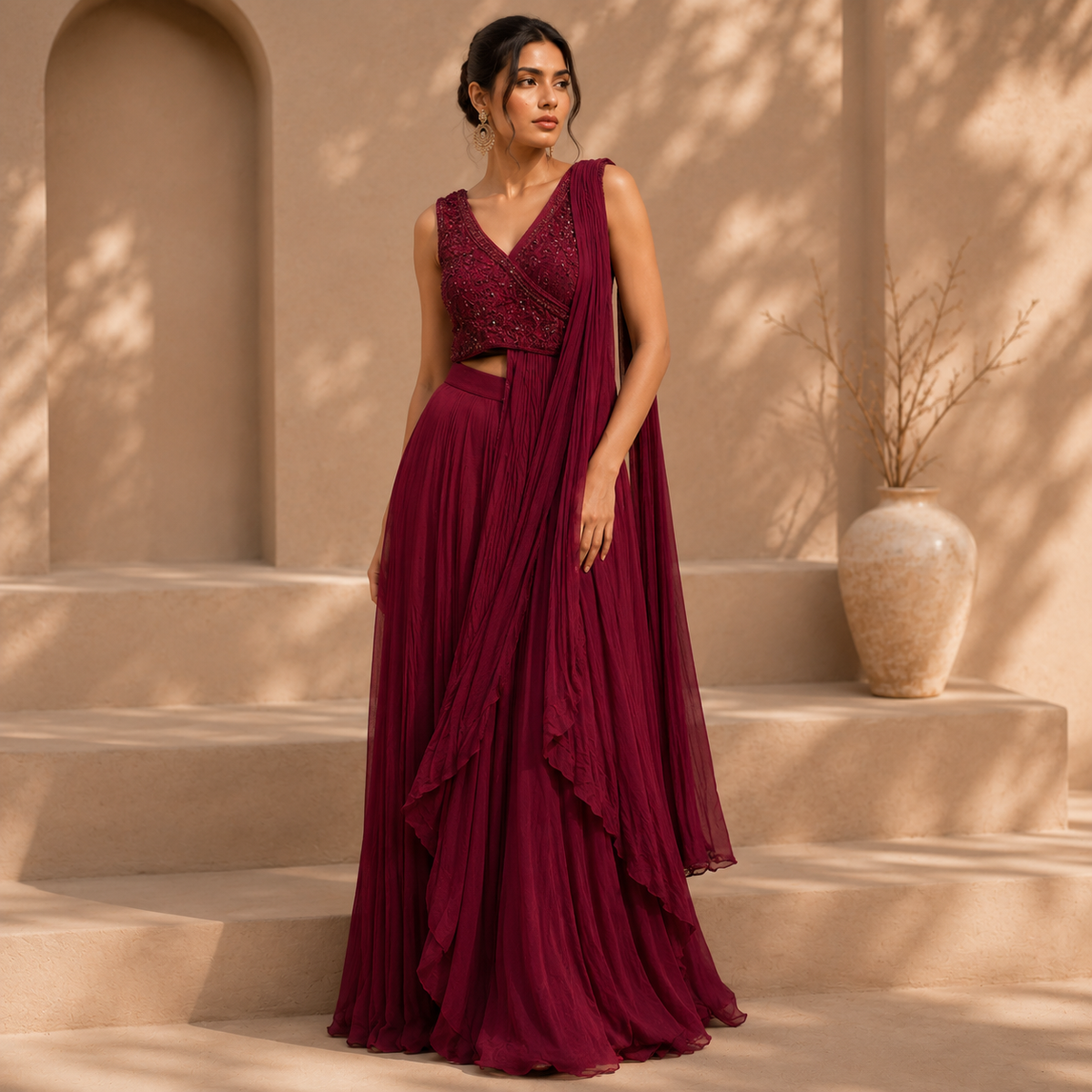 Wine-Maroon Beaded Bodice Ensemble