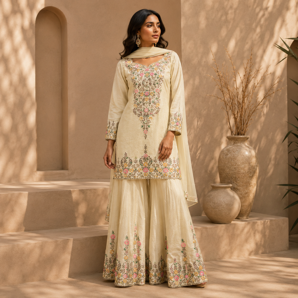 A woman models a traditional cream-colored three-piece ethnic suit with intricate multicolor floral embroidery, standing in a warm, sunlit architectural setting with beige walls and decorative vases.